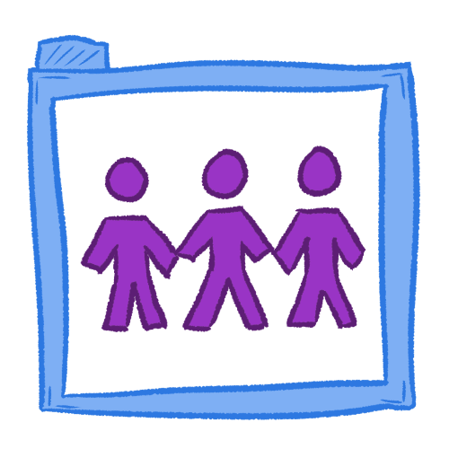 Purple generic, featureless people, inside of a transparent blue folder.